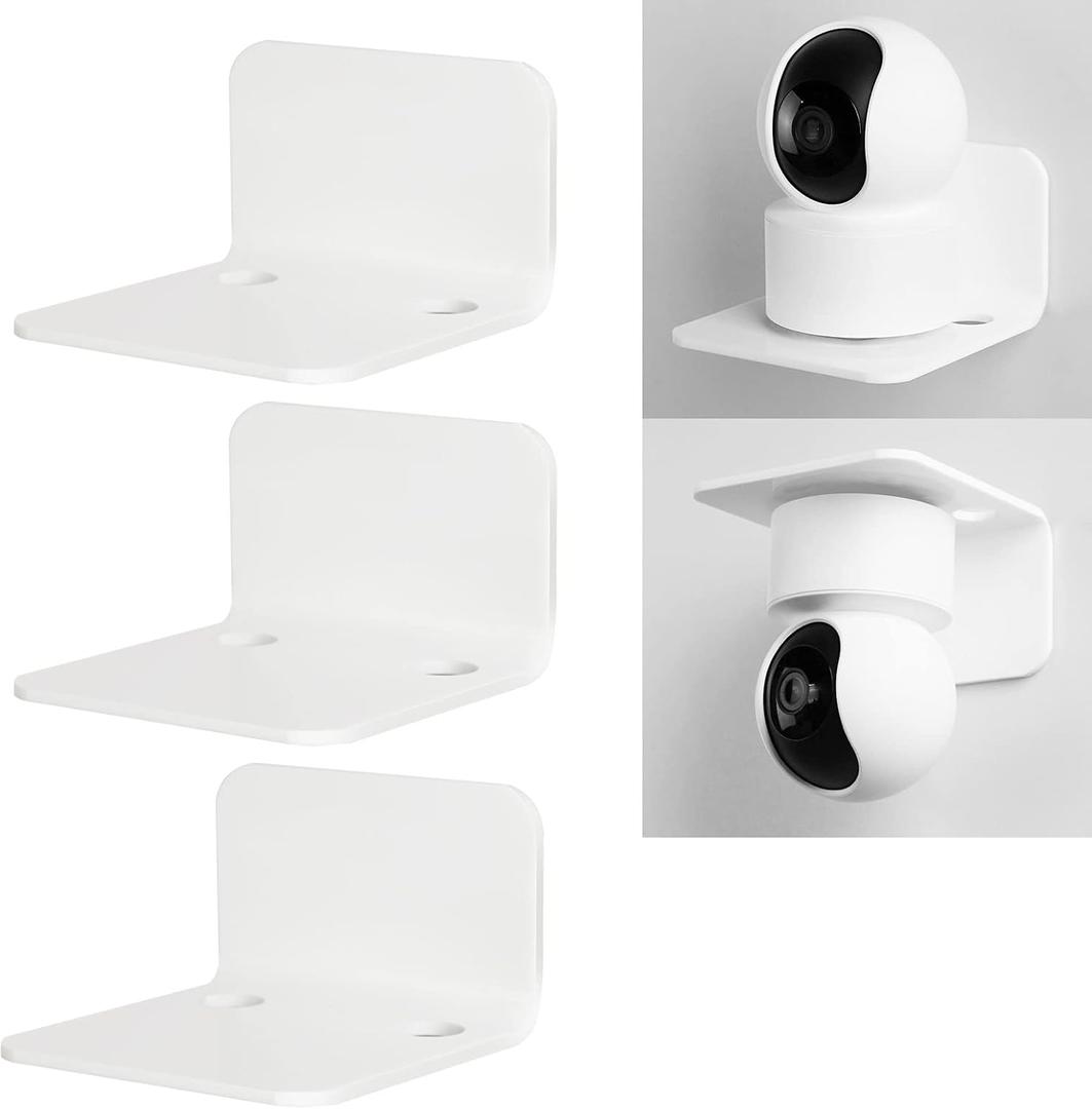 OAPRIRE White Floating Wall Shelves Set of 3 for Security Cameras, Baby Monitors, Speakers & More - Universal Acrylic Small Wall Shelf with Cable Clips, 10-Piece Strong Tapes, No Drill