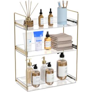 Bathroom Countertop Organizer, 3 Tier Acrylic Tray Vanity Counter Skincare Organizer Shelf, Kitchen Under Sink Standing Rack, Home Storage Holder for Lotion Makeup Cosmetics Perfume Spice, Gold | Vanity Counter, Kitchen Under Sink, Home Storage Holder, for Lotion, Makeup, Cosmetics