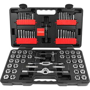 TOMMARS 75-Pc Tap and Die Set, SAE & Metric Hex Thread Taps Dies Wrench Metric Sizes M3 to M12 & Standard Sizes #4 to 1/2" Type NC NF NPT