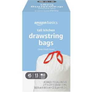 Amazon Basics Tall Kitchen Drawstring Trash Bags, Clean Fresh Scent, 13 Gallon, 45 Count (Previously Solimo)