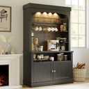 GarveeHome Coffee Bar Cabinet with LED Lights 72" Tall Buffet Cabinet with Storage Farmhouse Kitchen Sideboard Tall Coffee Hutch with Microwave Stand/Wine Rack/Glass Shelf Dining Room (Black Oak)