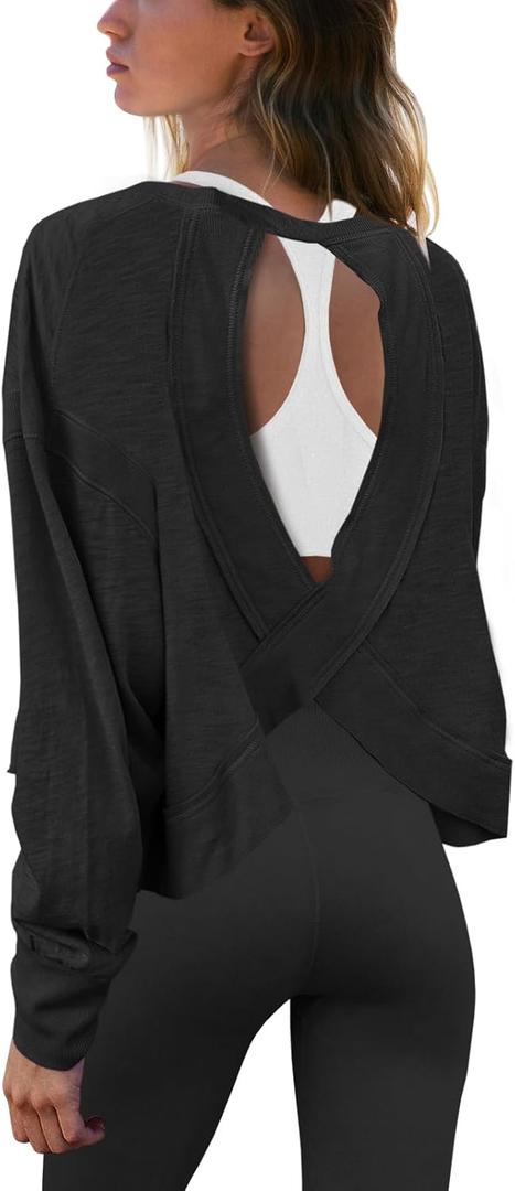 Panadila Womens Open Back Workout Top Long Sleeve Athletic Shirts Casual Crop Running Tee Y2k Yoga (Small, Black)