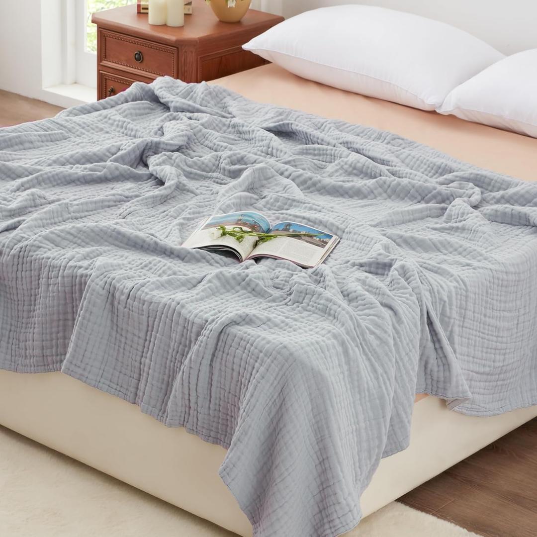 Love's cabin 6 Layer 100% Cotton Muslin Blanket, 108"x90" Muslin King Size Blanket for Bed Couch, Lightweight and Breathable Cotton Gauze, Light Grey