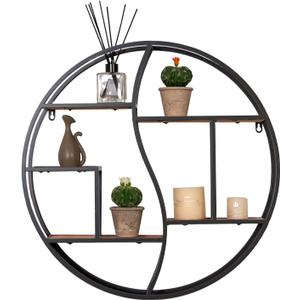 Round Wall Shelf, 24 Inch Metal & Wood Circular Floating Shelf, Black Mounted Display Organizer for Fireplace, Living Room, Bathroom