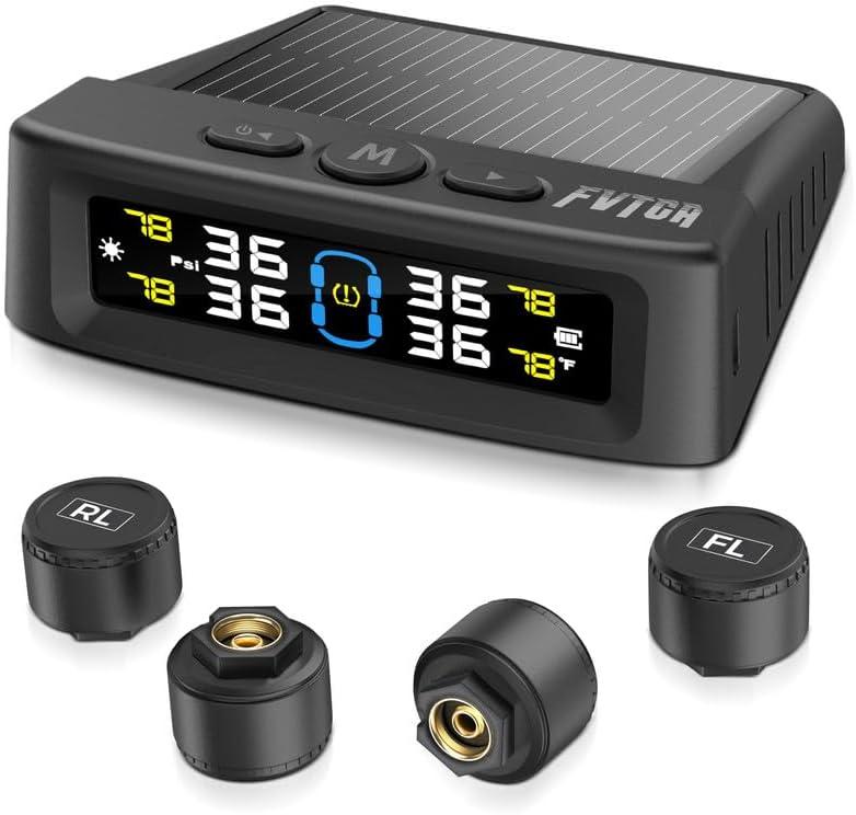 Tire Pressure Monitoring System - TPMS with Solar and USB Charger, 4 Tire Sensors and 6 Alarm Modes, Auto on/Off and Voice Prompt, TPMS with Color LCD Screen, for RV, Sedan, SUV, MPV, etc (0-87 PSI)