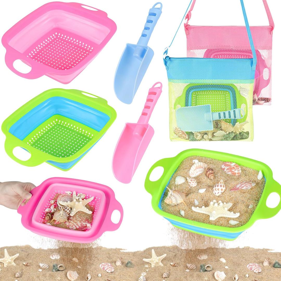 EULRGAUS Beach Toys, 6 PCS Sand Sifter for The Beach, Sand Toys with 2 Collapsible Sand Sifters Sieve, 2 Beach Shovels, 2 Mesh Beach Bags, Shark Tooth Sifter & Shell Collecting for kids Boys and Girls