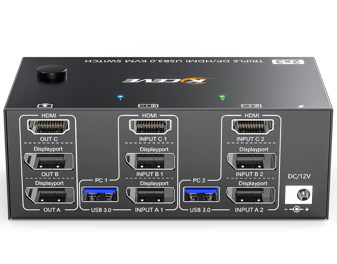 Triple Monitor KVM Switch 3 Monitors 2 Computers 8K@60Hz 4K@144Hz, MLEEDA HDMI+2 Displayport KVM Switch Triple Monitor for 2 Computers Share 3 Monitors and 4 USB3.0 Devices, with Wired Remote, USB Cable