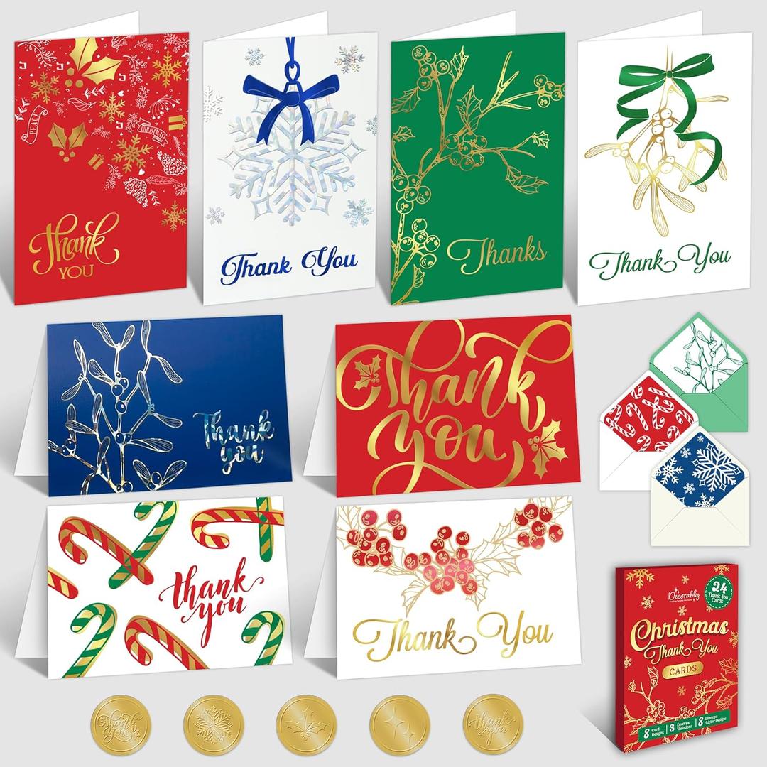 Decorably 24 Pack Foiled 6x4in Christmas Thank You Cards with Envelopes and Stickers, 8 Holidays Designs Seasons Greetings Friends, Family and Loved Ones, Blank Inside - Gifting & Mailing