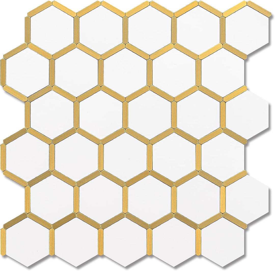 10-Sheet Hexagon Peel and Stick Backsplash Tile Polished White Tile Look Mixed Gold Kitchen Backsplash Peel and Stick Wall Tiles