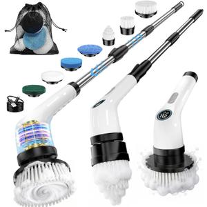 Electric Spin Scrubber, Rechargeable with Upgraded Battery & Extended Runtime, IPX7 Cleaning Brush, 3000mAh Battery 7 Brush Heads 2-Speed Adjustable Long Handle for Bathroom & Tile Floor Cleaning