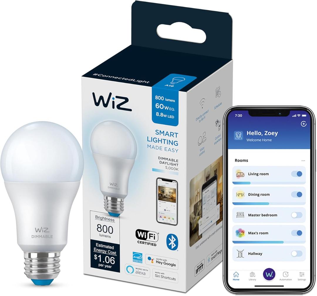 WiZ 60W A19 Daylight LED Smart Bulb - Pack of 1 - E26- Indoor - Connects to Your Existing Wi-Fi - Control with Voice or App + Activate with Motion - Matter Compatible