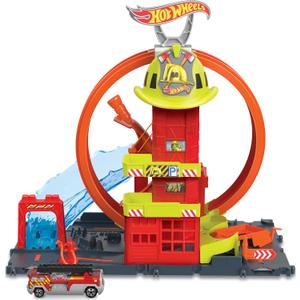 Hot Wheels City with 1 Toy Car, Kid-Powered Elevator, Water-Like Ramp, Track-Play Features, Connects to Other Sets, Fire Station with Super Loop 