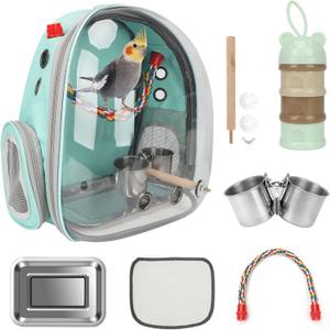 Rypet Bird Carrier Backpack Parrot Portable Breathable Bag Pet Bird Lightweight Travel Cage with Standing Perch and Stainless Steel TrayMint Green