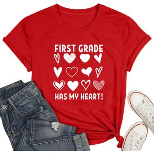 Teacher Shirts for Women-Hello Kindergarten Teacher Short Sleeves Teaching Life Shirt Rainbow Heart Tee Tops (Red, M)