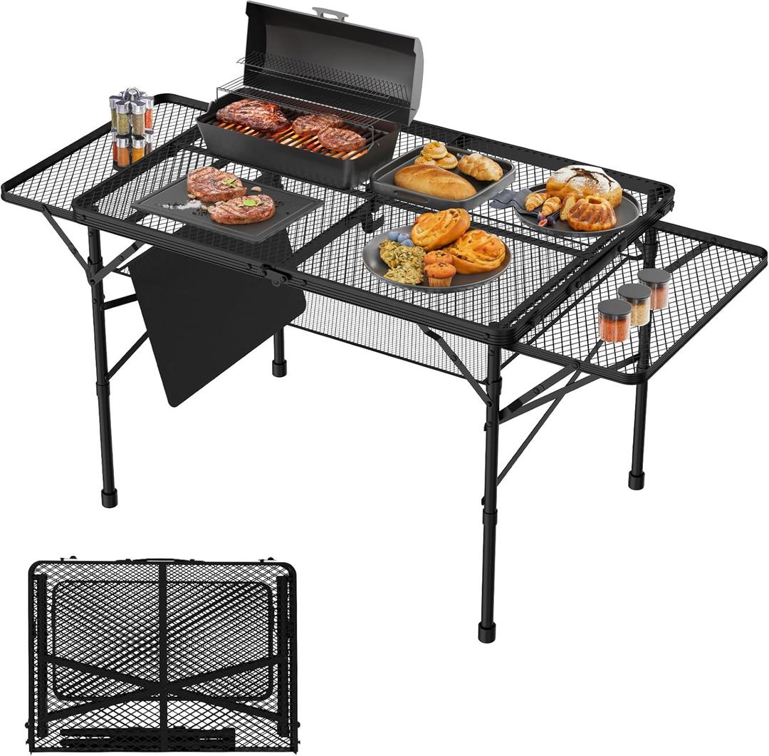Folding Table with 2 Wing Panels, 3x2 FT Camping Table with Mesh Desktop,Height Adjustable Folding Grill Table with Mesh Bag,Portable Outdoor Table for Picnic,Camping,BBQ,Beach(Black)