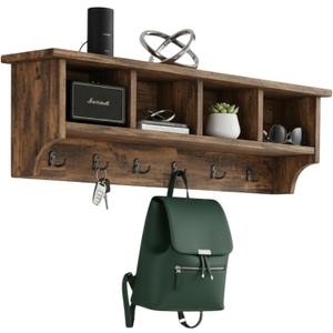 Alaterre Furniture Pomona Entryway Coat Rack Rustic Farmhouse 48-Inch Wall-Mounted Coat Rack with 6 Double Hooks & 4 Open Cubbies Solid Wood Mudroom Storage for Entryway or Hallway (Rustic Brown), Onesize