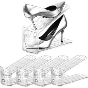 Shoe Slots Organizer,Adjustable Shoe Rack with Three Levels,shoe stackers for a pair of Shoes (Clear, 4 Pack)