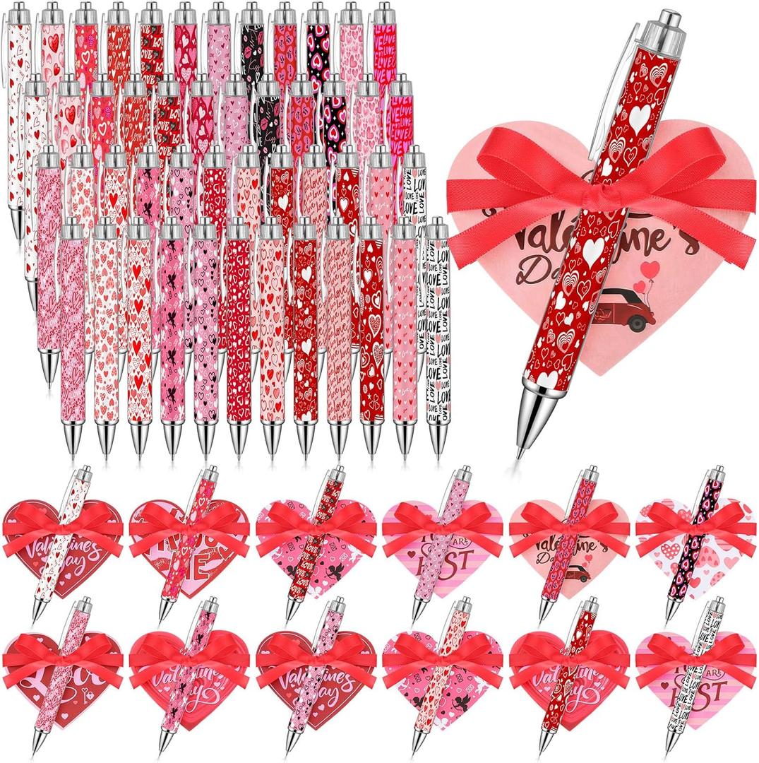 Tenceur 144 Pcs Valentine's Day Cards with Pens and Ribbons Bulk, Valentine's Day Gift Set, Heart Shaped Greeting Card Ballpoint Pen for Office Supplies Exchange Gift Party Favors