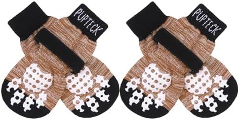 PUPTECK Anti-Slip Dog Socks with Double Sides Grips for Small Medium Large Dogs Hardwood Floors Prevents Licking, Dog Shoes for Hot Pavement Traction Control Paw Protector for Senior Dogs, Khaki, Size: Large