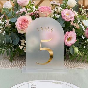 UNIQOOO Frosted Arch Wedding Table Numbers with Stands 1-30, Gold Foil Printed 5x7 Acrylic Display Signs and Holders, Pack of 30, Perfect for Centerpiece, Reception, Decoration, Party, Anniversary, Event