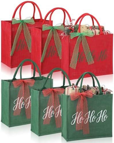 Sunnymove 6 Pcs Large Reusable Christmas Burlap Tote Bags with Handles Bulk 14 x 12.6 x 5.9 Inch Christmas Red and Green Gift Bags with Ribbon for Xmas Holiday Presents Party Grocery Shopping Wedding
