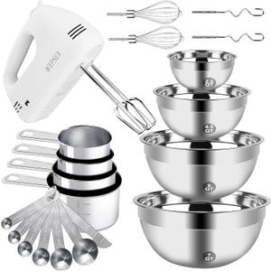 Hand Mixer Electric Mixing Bowls Set, 5 Speeds Handheld Mixer with 4 Nesting Stainless Steel Mixing Bowl, Measuring Cups Spoons 200W Kitchen Blender Whisk Beater Baking Supplies For Beginner