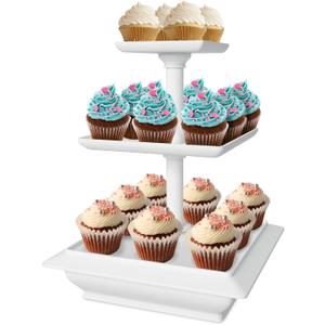 3-Tier Cupcake Stand - Square Display Stand for Birthday, Tea Party, Wedding, or Baby Showers - Dessert Table Display Set by Chef Buddy (White) (10" x 10" x 12.5" (Pack of 1))