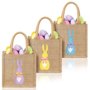 SilTriangle 3 Pcs Easter Burlap Bags Bunny Easter Basket Essentials Spring Egg Hunts Candy Gift Tote Bag for Kids Boys Girls Eggs Candy Hunting Carrying Daily Use, Classic Colors