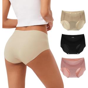 INNERSY Women's Seamless No Show Hipster Panties Invisible Light Underwear 3-Pack (Large, Black/Brick Red/Nude)