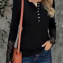 Miselon Womens Long Sleeve Henley Shirts V Neck Lace Button Tops Ribbed Knit Casual Slim Fit Blouse (Black)