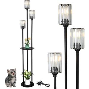 HMVPL Crystal Floor Lamp with Shelves, Modern Floor Lamps for Living Room, 3-Light Standing Lamps with Table, Black Tall Lamp with Crystal Shade, On/Off Foot Switch, Corner Floor Lamp for Bedroom