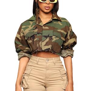 Camo Jacket for Women Cropped Denim Bomber Jacket army fatigue Camouflage Jacket Long Sleeve Button Down Camo Coat (Medium)