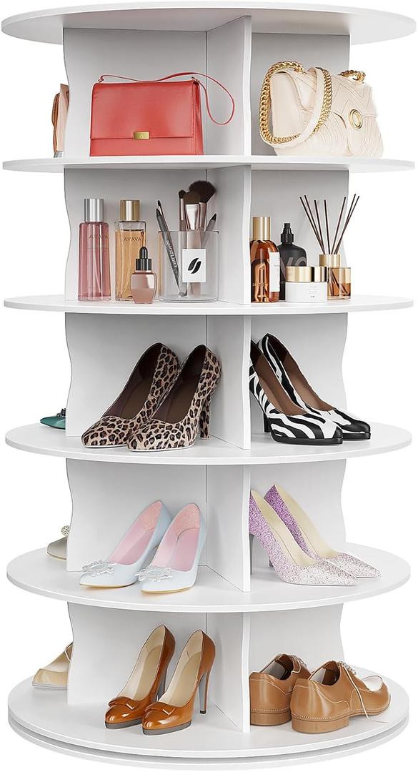 5-Tier Rotating Standing Shelf Unit with Dividers, 360 Storage Display Tower Vertical Floor Organizer, for Bedroom, Closet, Entryway & Office, Ideal for Shoes, Cosmetics & Handbags, White