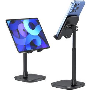 Cell Phone Stand, Adjustable Height Phone Stand for Desk, Eye Level Desktop Phone Holder Compatible with iPhone, Pro Max, Samsung, and All Mobile Phones up to 10'' (Black)