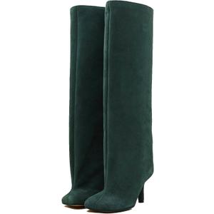 Women's Knee High Suede Boots for Women Wide Calf Square Toe Stiletto Heels Tall Boots Pull On High Heel Long Booties (9, Green)