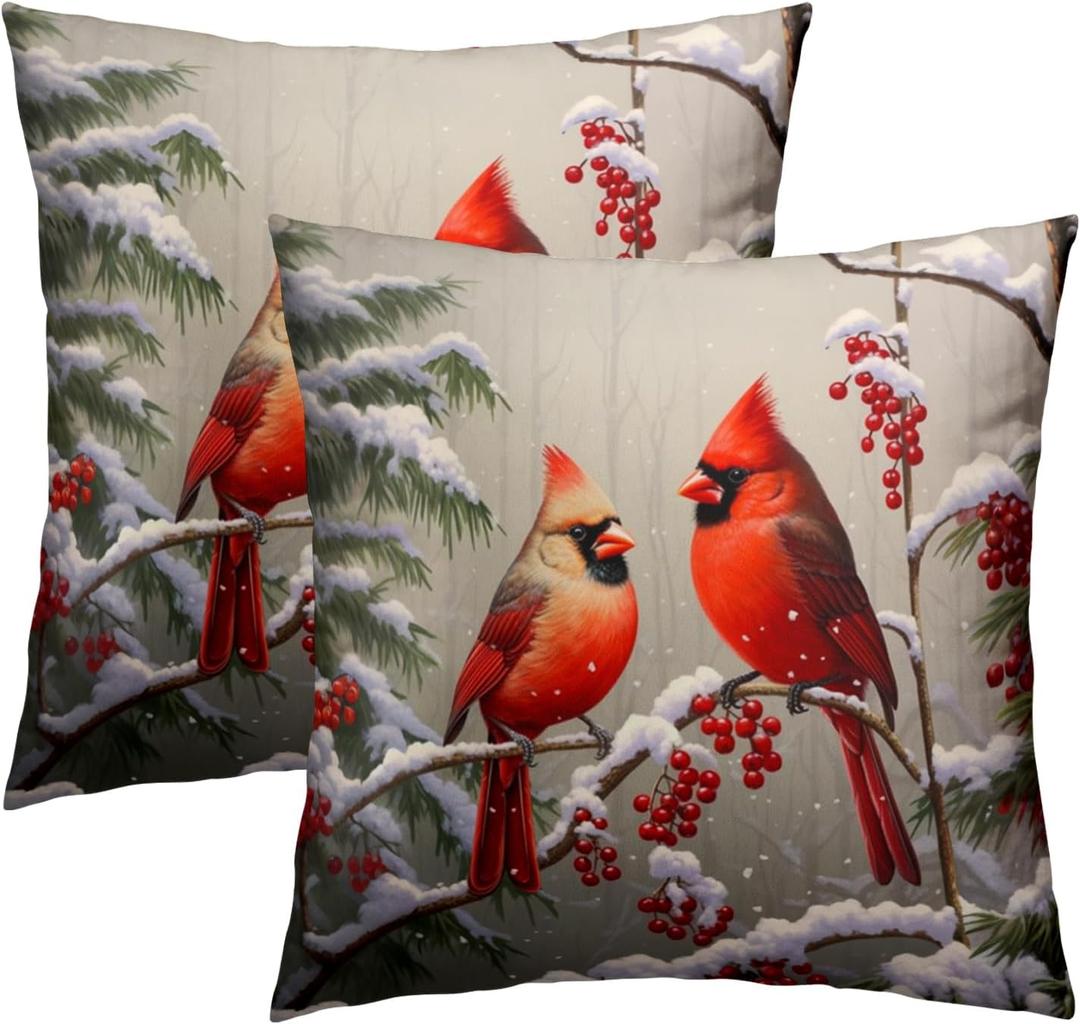 Merry Christma Red Cardinal Bird Throw Pillow Cover 18x18 Inch Pack of 2 Winter Snowflakes Cushion Pillow Case Square Xmas Pine Trees Holiday Pillowcase for Party Bed Sofa Home Car Bedroom Outdoor