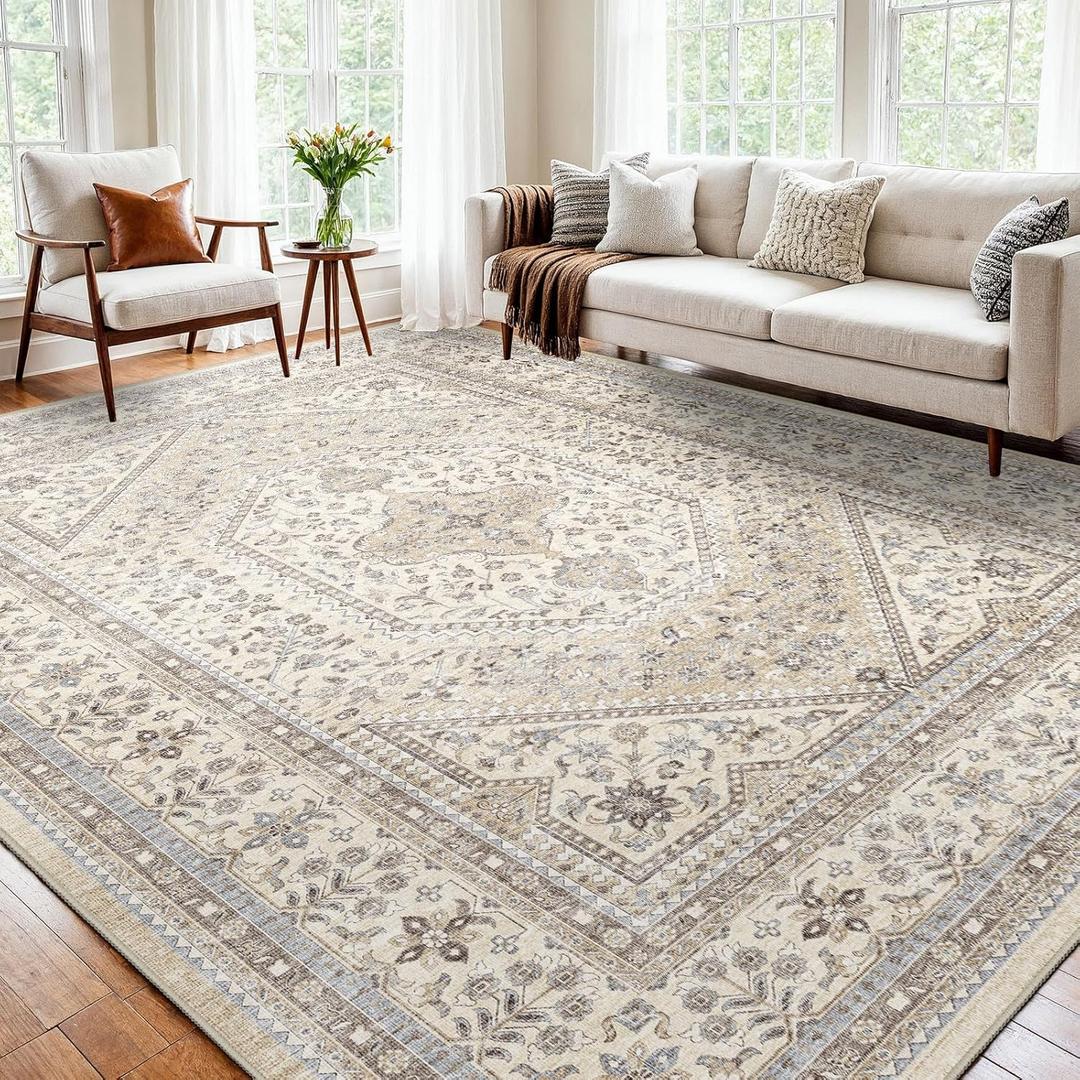 10x12 Area Rug for Living Room: Large Washable Oriental Rugs for Bedroom Non Slip Backing Stain Resistant Indoor Soft Floor Carpet for Dining Table Nursey Dorm Kitchen Low Pile Beige/Gray