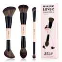 Jessup Face Makeup Brushes 3pcs Double Ended Makeup Brush Set for Foundation Contour Blush Highlight and Powder, Premium Synthetic Make up Brushes Peach Dust T508
