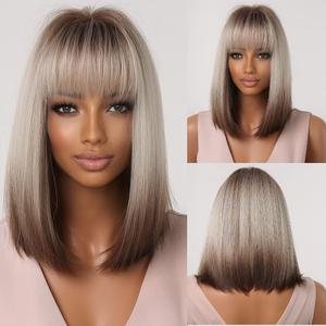 Short Straight Brown with Grey Highlights Wigs Synthetic Bob Wigs for Women Heat Resistant Natural Looking Wig with Bangs