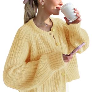 Wyeysyt Womens Cardigan Sweater Button Down Long Sleeve Chunky Soft Knit Sweater Fall Open Front Loose Casual Cardigan Coat (Yellow, S)