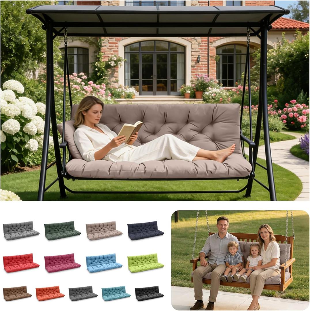 Porch Swing Cushions, Outdoor Swing Replacement Cushions 3 Seater with Backrest, Waterproof Bench Cushion with Ties,for Patio,Porch, Garden,Backyard (Khaki 60 * 40 in)