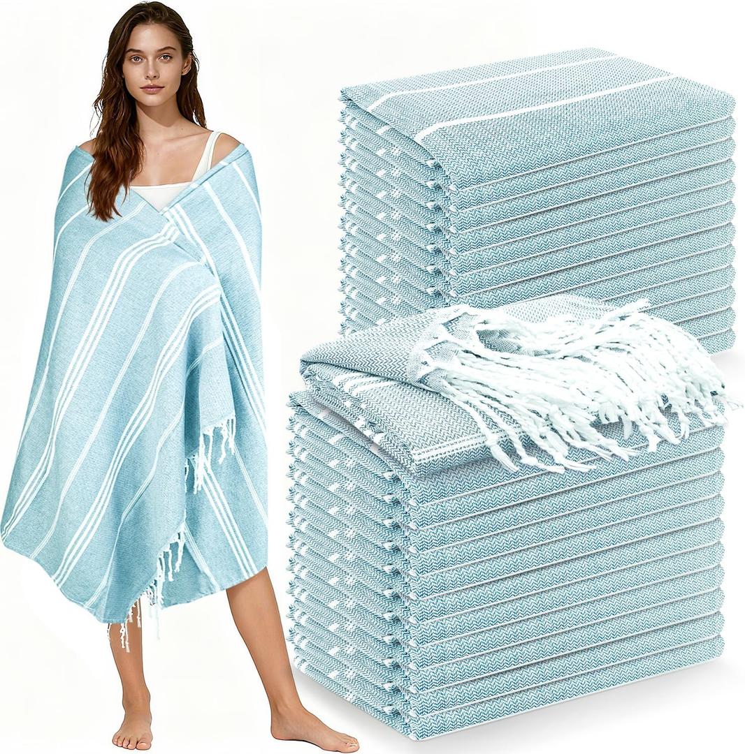 YSYJ 24 Pack Turkish Beach Towel 36"x71" Beach Towels Oversized Bath Towels Sand Free Quick Dry Turkish Towel Bulk Extra Large Pool Blanket Blue