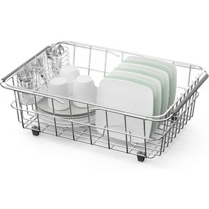 JAQ Dish Drainer in Sink Adjustable 14.96" to 20.59", Expandable 304 Stainless Steel Metal Dish Drying Rack Organizer with Stainless Steel Utensil Holder Over Inside Sink Counter