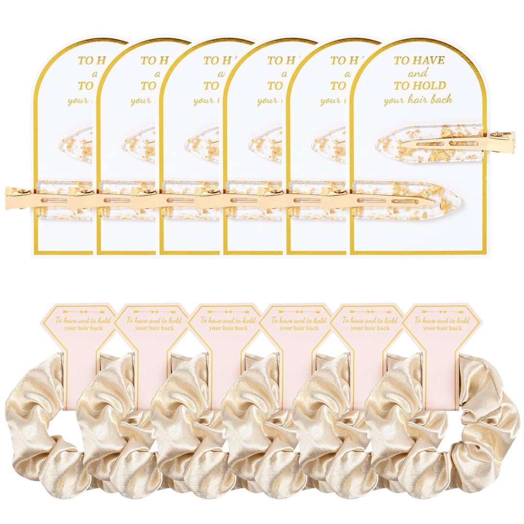 12 PCS Soft GoldSilk Satin Hair Accessories - Scrunchies, Hair Clips for Bridal Shower Gifts, Wedding Favors for Women and Girls