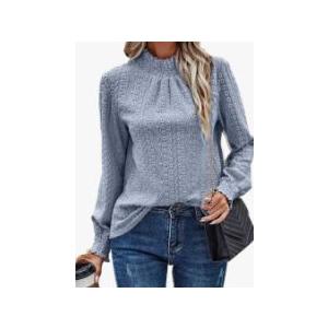 SKAYS Womens Eyelet Mock Neck Long Sleeve Shirts Top Blouses Dressy Casual Trendy Business Casual Stretch Hollow Out Tee Size S