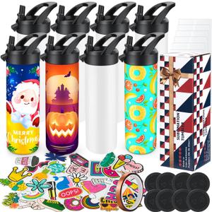 8 Pack 20oz Sublimation Tumbler Set Triple-Insulated Stainless Steel Sports Water Bottle with Straw Lid Blank Sublimation Cup with DIY Stickers, Shrink Wrap, Rubber Base, Heat Tape for Heat Transfer