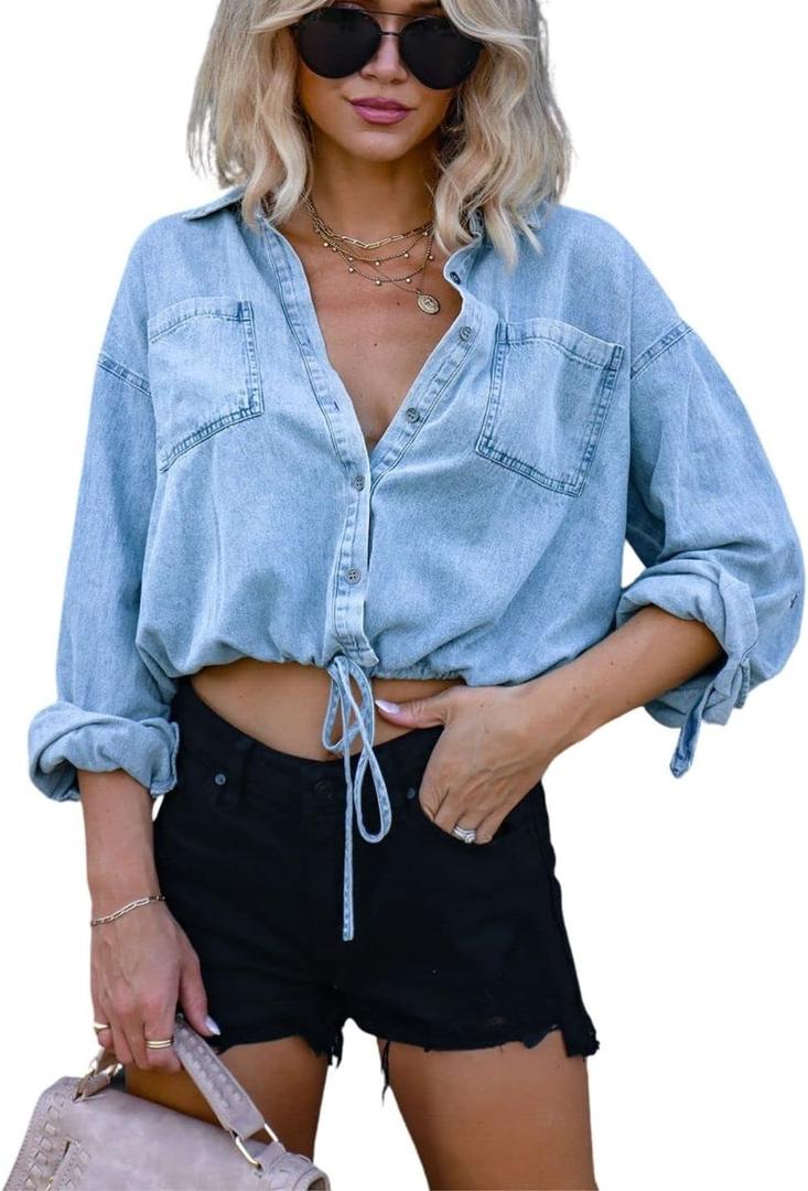 Kwoki Women's Cropped Denim Shirt Roll Up 3/4 Sleeve Casual Loose Crop Tops Drawstring Hem Button Front Jean Jacket (Large, Light Blue)