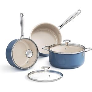 Redchef Ceramic Stock Pots Set 5QT, Sauce Pan with Lids(2.5QT/3.5QT), Induction Cooking Pot Set,Ceramic Pots with Stay Cool Handle, Nonstick Cookware Set, PTFE/PFASFree, Dishwasher/Oven Safe (Blue), 6pc Set