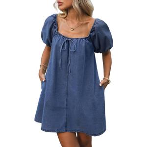 Women's Denim Mini Dress Puff Short Sleeve Square Neck Loose Jean Dresses with Pockets, 2XL