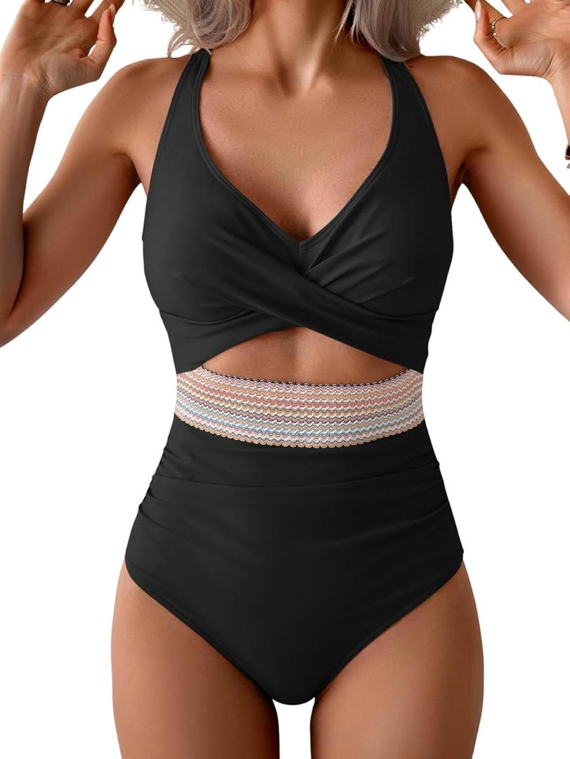 B2prity One Piece Swimsuit for Women Tummy Control V Neck Bathing Suit Color Block High Waisted Cutout Swimwear (Medium, Black)